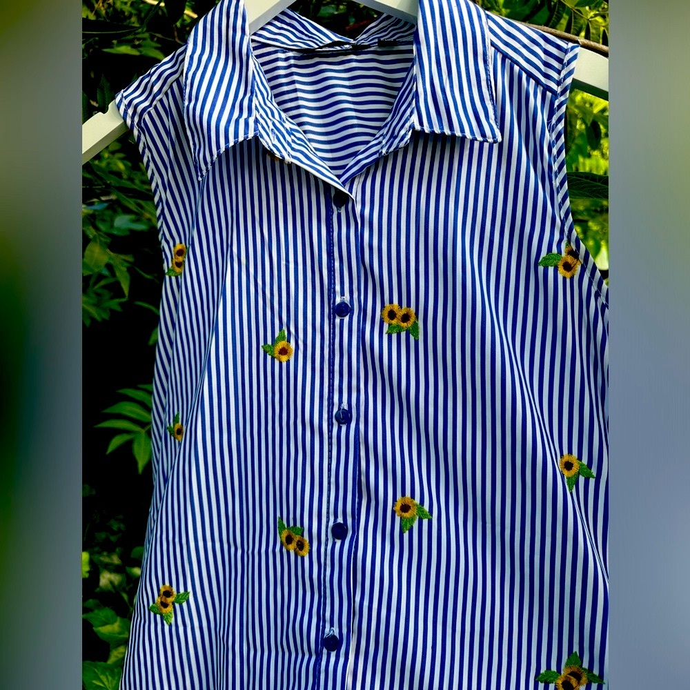 Mlle Gabrielle Blue and White Striped Dress with embroidered Sunflowers 🌻Accents